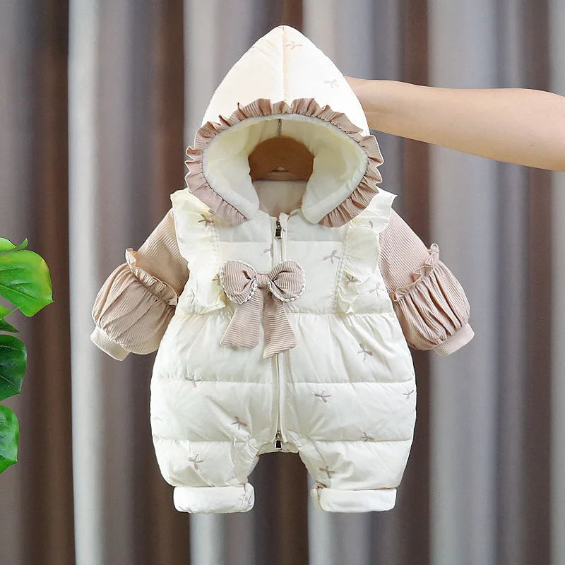 2025 New Baby Winter Rompers Thick Cotton Hooded Jumpsuit Cozy Infant Bowknots Ruffle Outerwear for Newborns (0-24 Months)