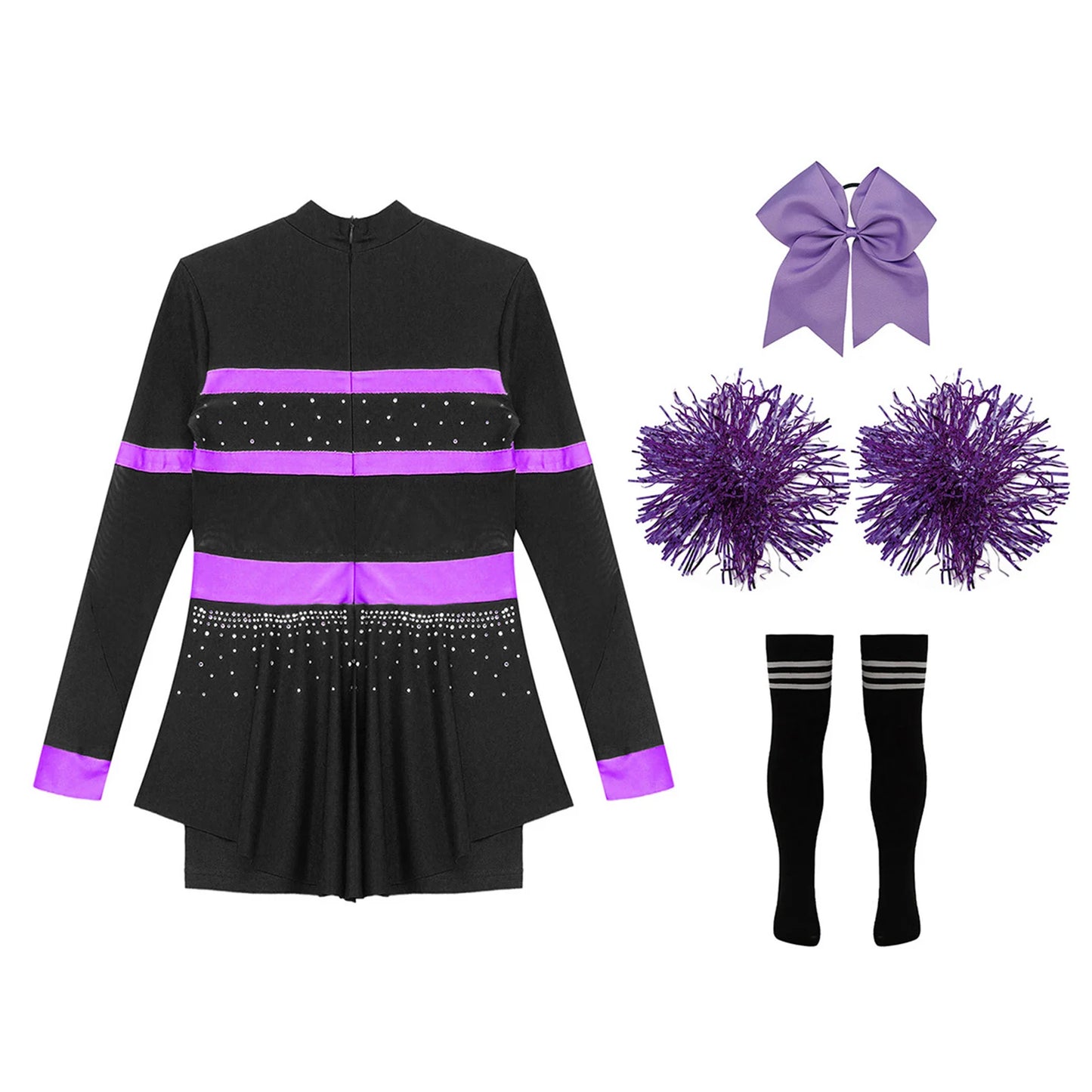 Girls Cheerleader Costume Long Sleeve Cheerleading Uniform Children Cheer Dance Dress Hand Flower Socks Stage Dancewear Sets