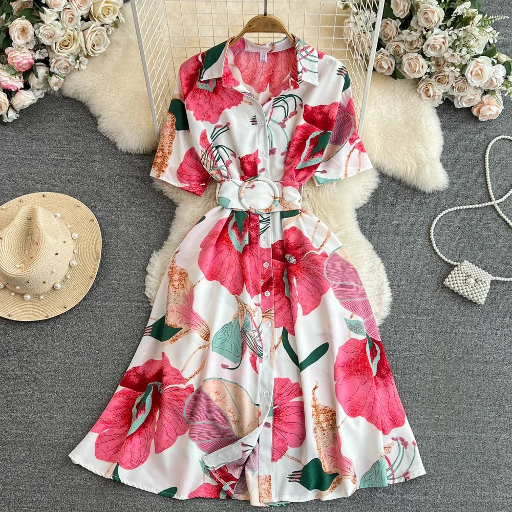 2024 New Summer Women Dress Fashion Print Floral A-line Shirt Dress with Belt Elegant Vintage Off Lady Dress Casual Vestidos