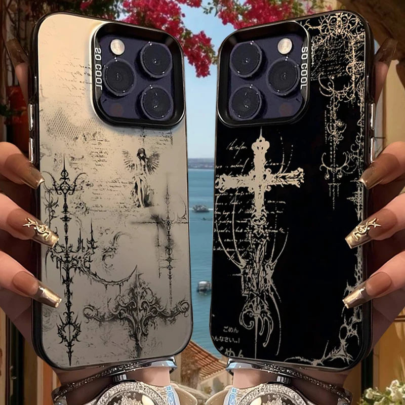 Vintage Gothic Cross Angel Pattern Design Protective Cover for iPhone 17 16 15 14 13 12 11 16E Series Pro Max Plus