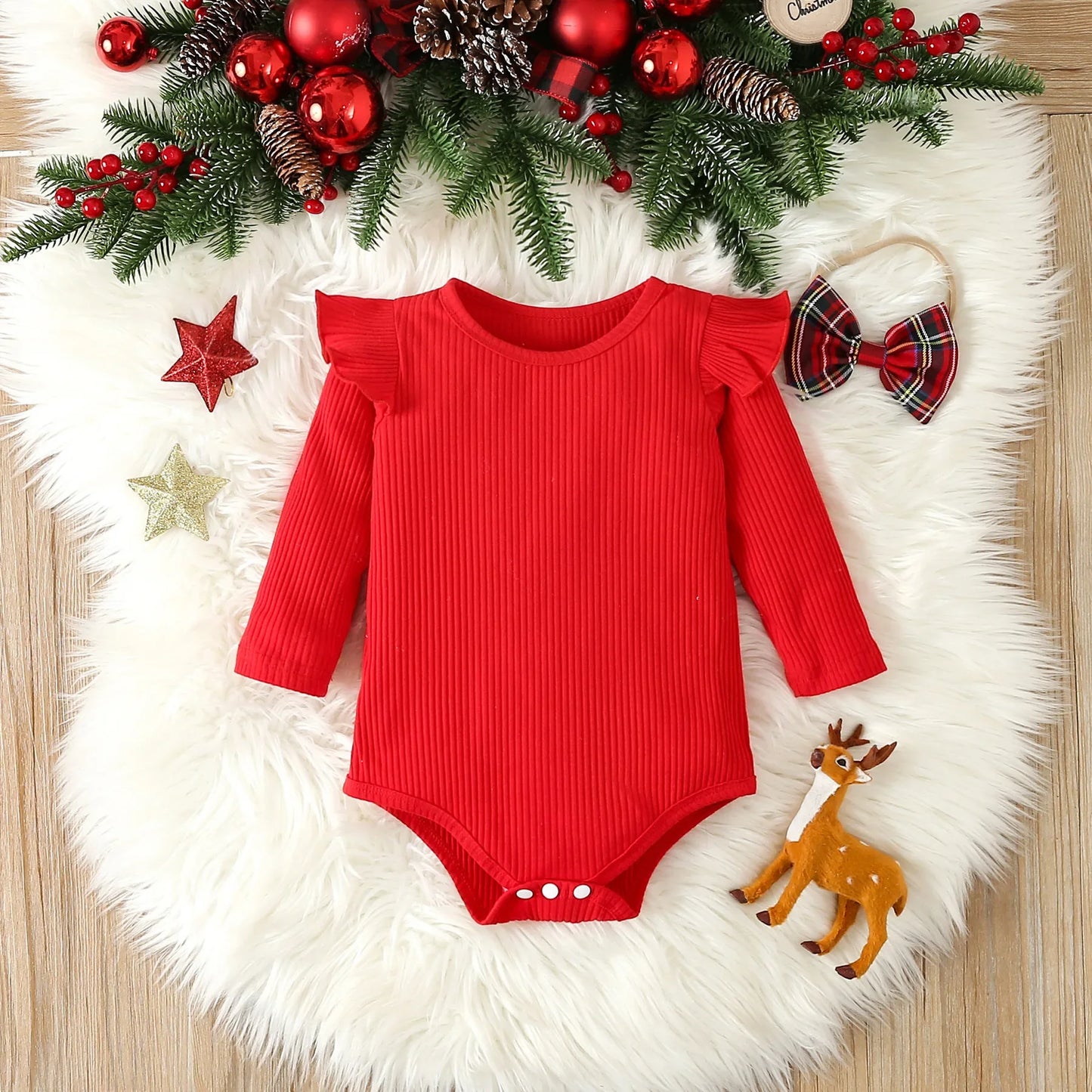Prowow Baby Girls Christmas Outfits Set Red Bodysuit+Plaid Deer Suspender Dress Set 3pcs My First New Year Costume For Baby 2026
