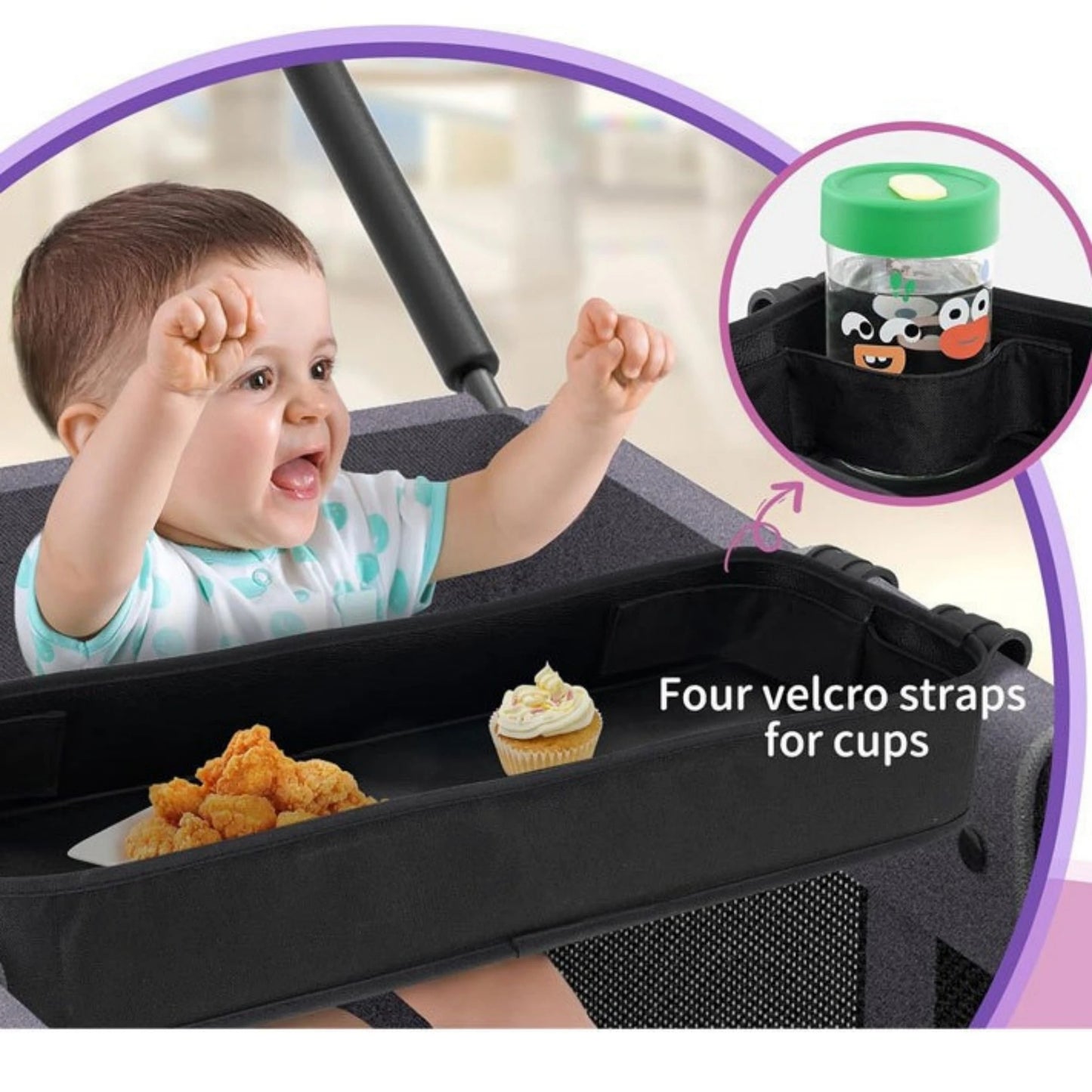 Double Sided Stroller Tray for Snacks & Activities Featuring Faux Leather Side for Eating, Polyester Side for Activities
