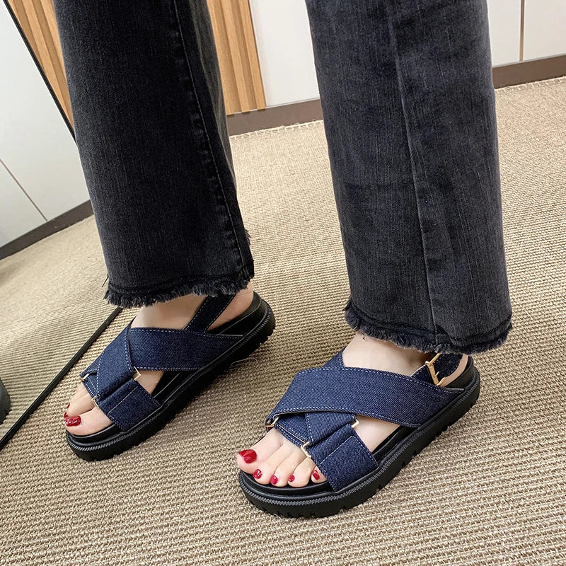 Denim Cross-strap Thick Sole Sandals Women 2025 New Summer Platform Shoes  Woman Outdoor Casual Sports Beach Shoes Slippers