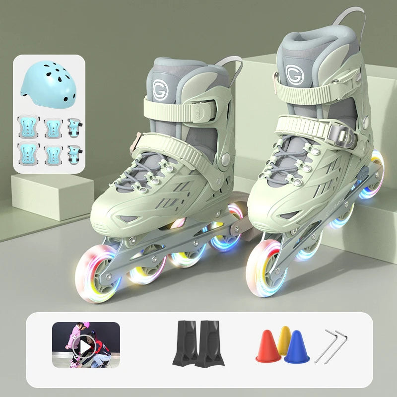 4 Wheels Flashing Inline Skates with Full Protective Gear Set Helmet Knee Pads Elbow Pads Carry Bag Adjustable Size for Boy Girl
