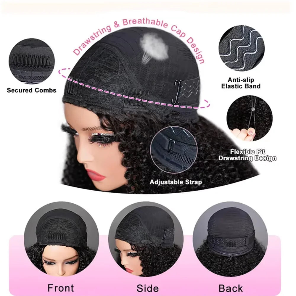 Deep Wave 3 In 1 Half Wig 100% Human Hair Glueless Curly Wigs Ready to Wear Seamless Flip Over Half Wig With Drawstring Clip Ins