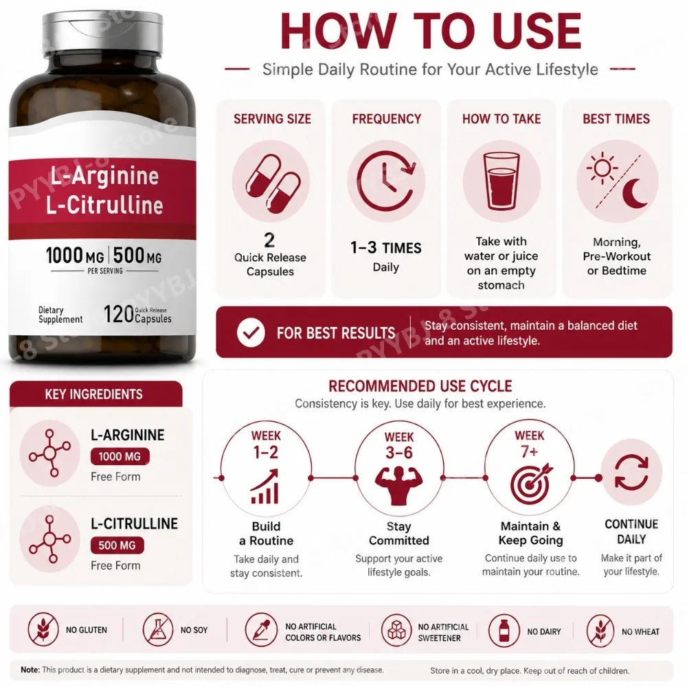 Amino Acid Supplement with 1000mg L-Arginine and 500mg L-Citrulline 120Count Support Healthy Living & Provide Physical Energy