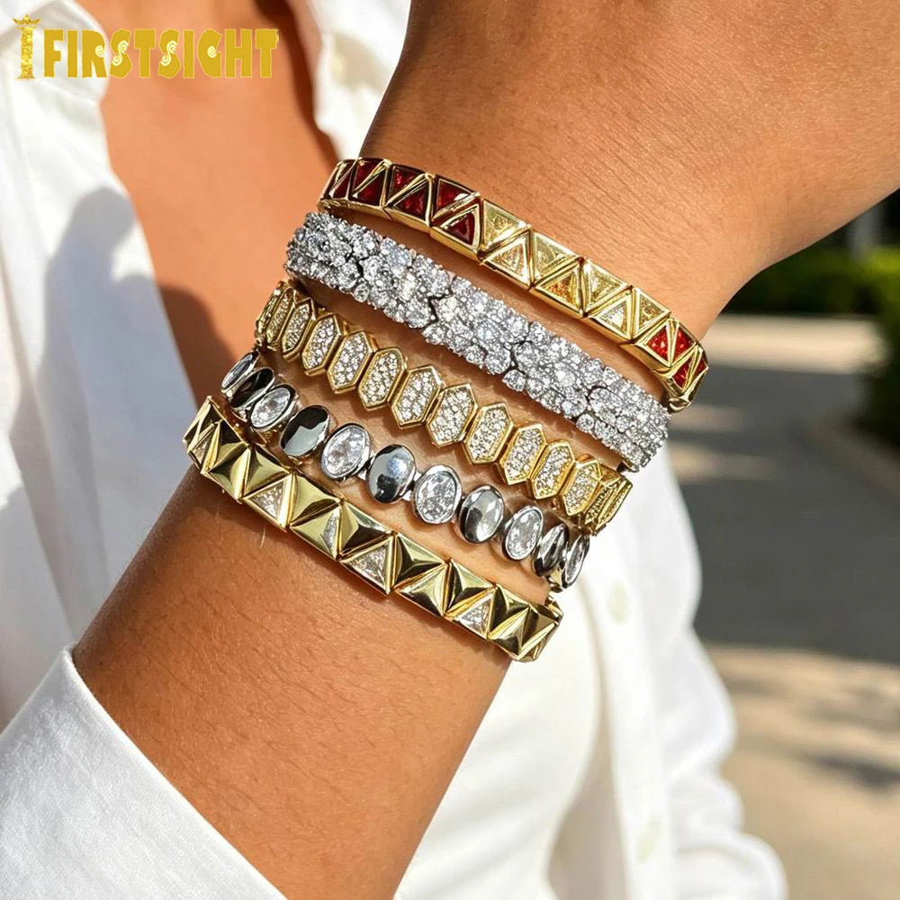 New Iced Out Bling CZ Geometric Stretchy Stretch Double Tennis Chain Bracelet Adjusted Size Bangle For Women Fashion Jewelry