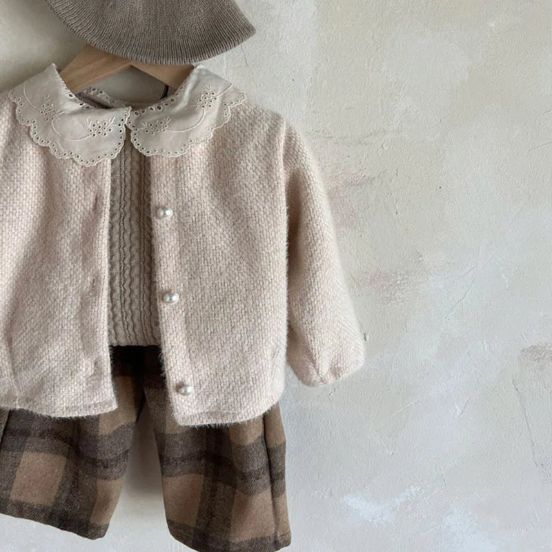 Baby Girl Sweet Lace Peter Pan Collar Tops Winter Fashion Ribbed Thickened Bottoming Tops Girls Simple Cotton Knitwear Tees