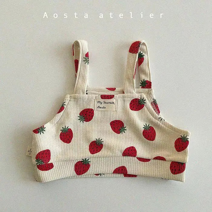 2025 Autumn New Baby Girl Cute Strawberry Print Clothes Set Infant Ribbed Vest + Shorts 3pcs Suit Cute Toddler Girl Outfits