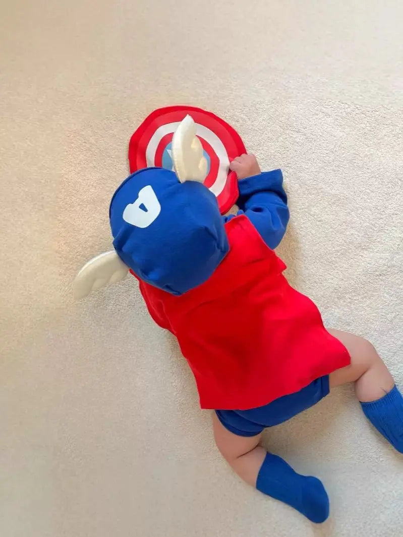 Fall 2025 Korean Superhero Baby Bodysuit Set Costume with Cape Shield & Hat for Cosplay Photoshoot One-Piece High quality Cotton