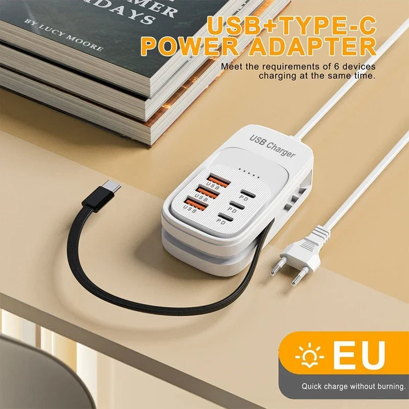 New USB Charger 6-in-1 Power Strip Desktop Charging Station With Fast Charging Cord EU US Plug USB/C HUB Adapter Socket 3PD 3USB