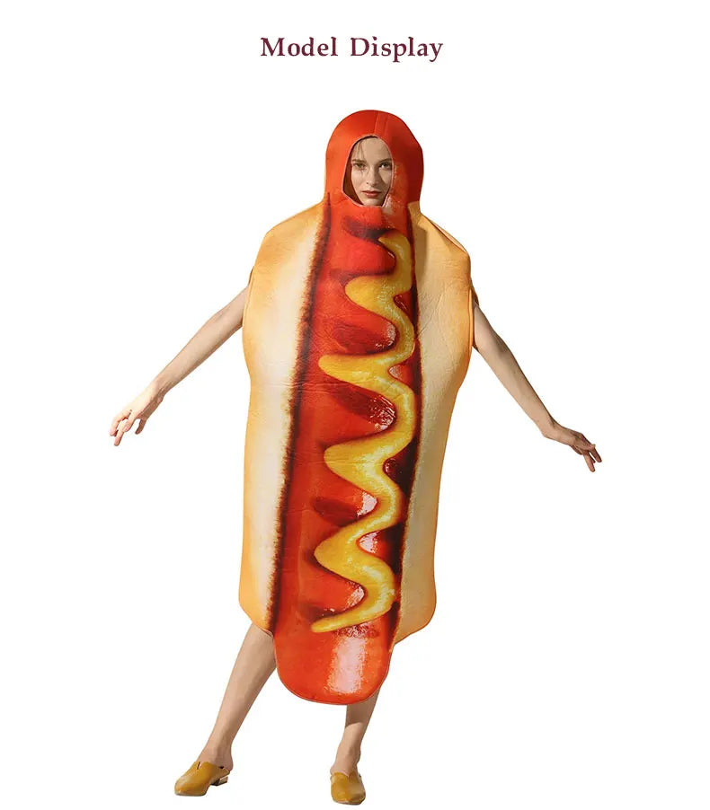 Halloween party costume, hot dog cosplay attire, stage performance outfit, one-piece dress, performance outfit