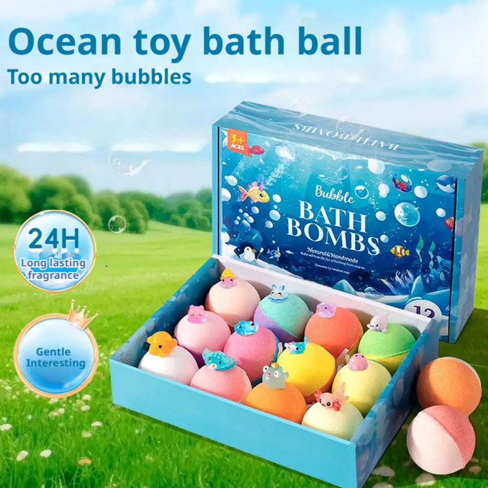 12PCS Flower Fruit Sea Salt Bubble Ball Bath Set with Surprise Toy,Kid Bath Gift Ocean gentle & safe Bath Bubble Ball Set ﻿
