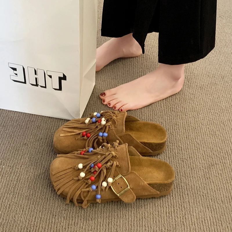2025 Women Mules Shoes Flats Suede Women's Sandals Fringes Summer Fashion Slippers Walking Dress Cozy