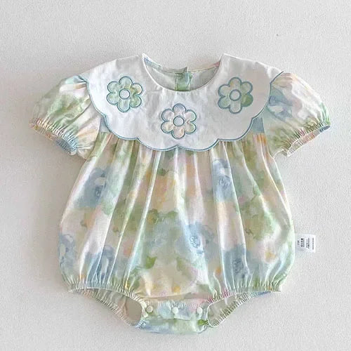 2025 New Summer Korean Style Climbing Suit Flying Sleeve Cotton Lace Splicing Toddler Baby Girls Jumpsuit 0-24M Baby Clothing