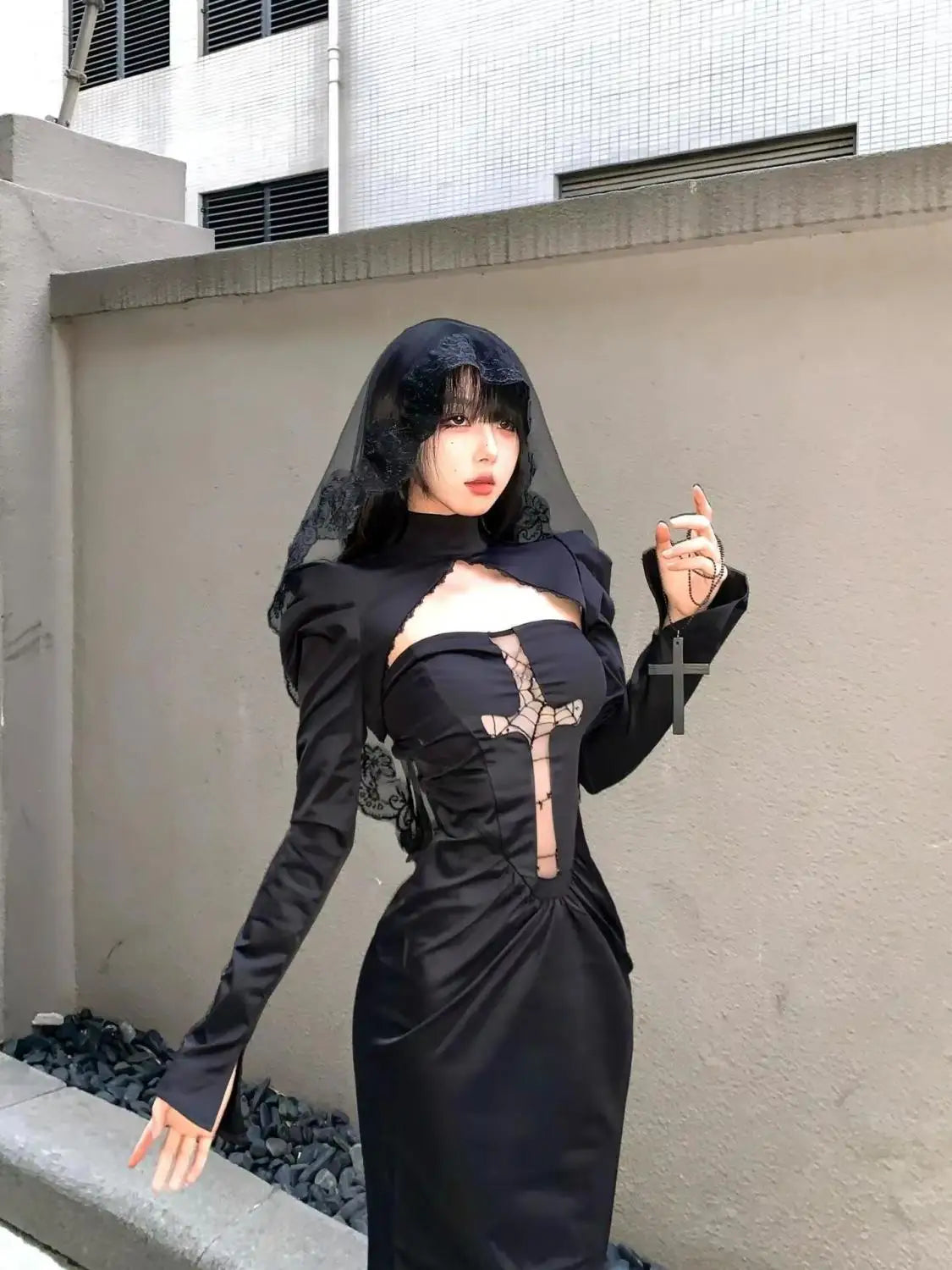 Winter Gothic Black Midi Dress Women Lace Veil Cross Decor Long Sleeve Slim-Fit Party Dress Female Halloween Cosplay Outfit 2025