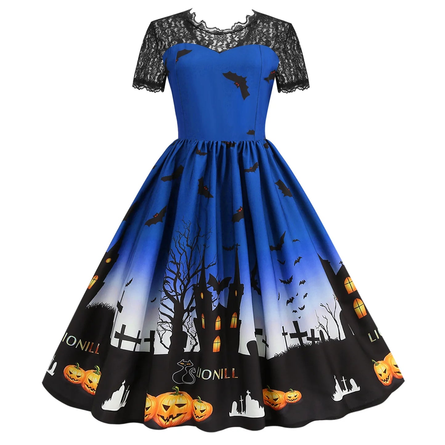 Halloween Gothic Dress Costume - Women's Retro Lace round Neck Short-Sleeved Printed Maxi Dress for Cosplay Party