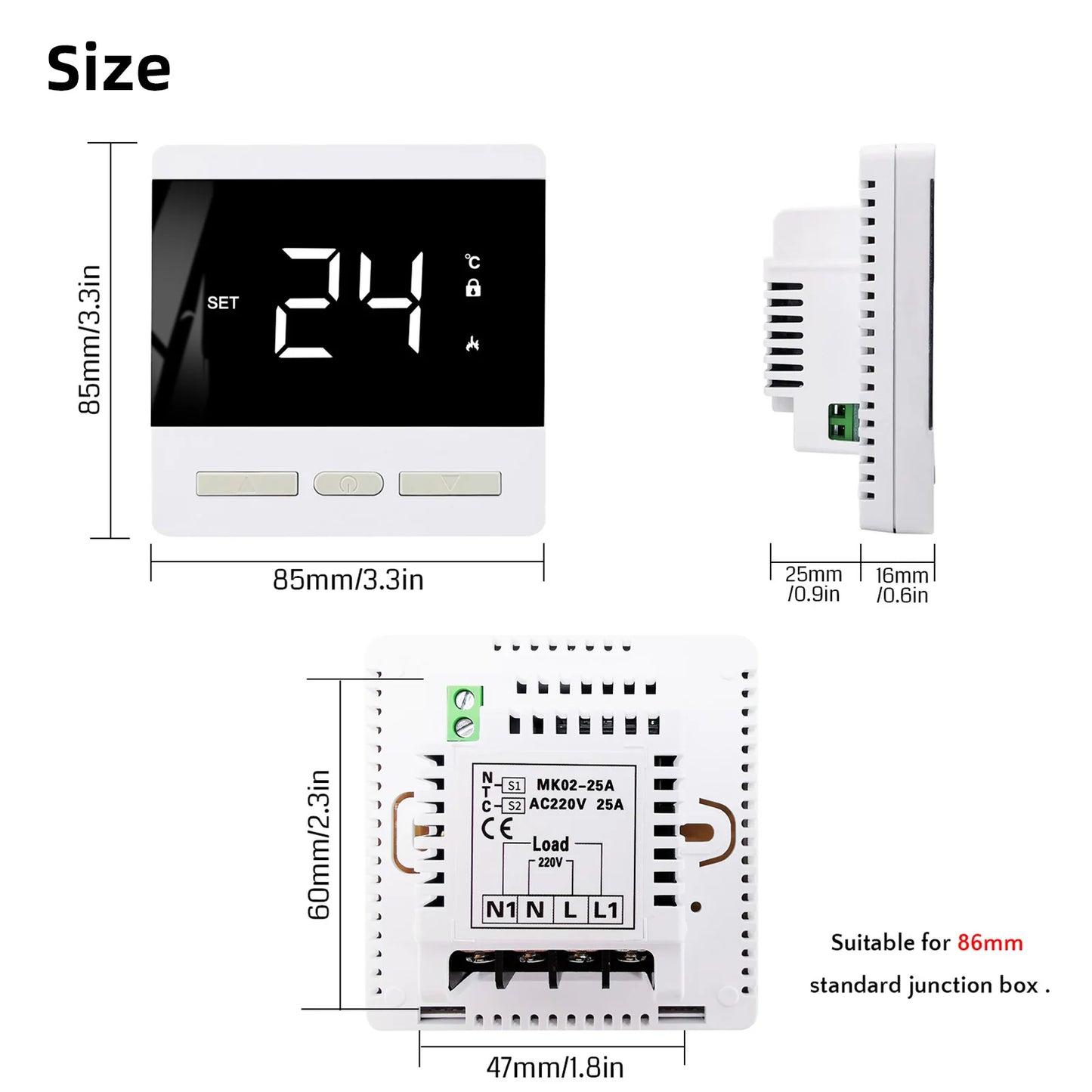 AC200~240V Floor Heating Room Temperature Controller MAX 25A 4500W Digital Thermostat with 3m Probe Sensor