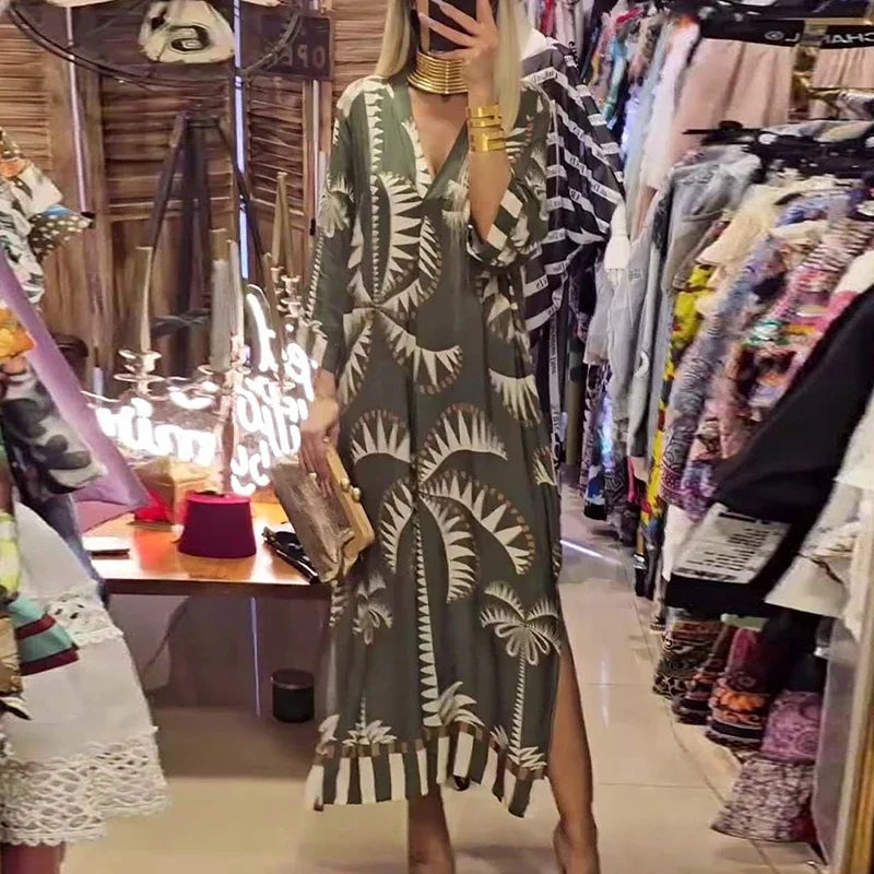 Spring Autumn Vintage Pattern Printed Women's Dress Casual V Neck Side Split Long Dress Elegant Long Sleeve Pleated Office Dress
