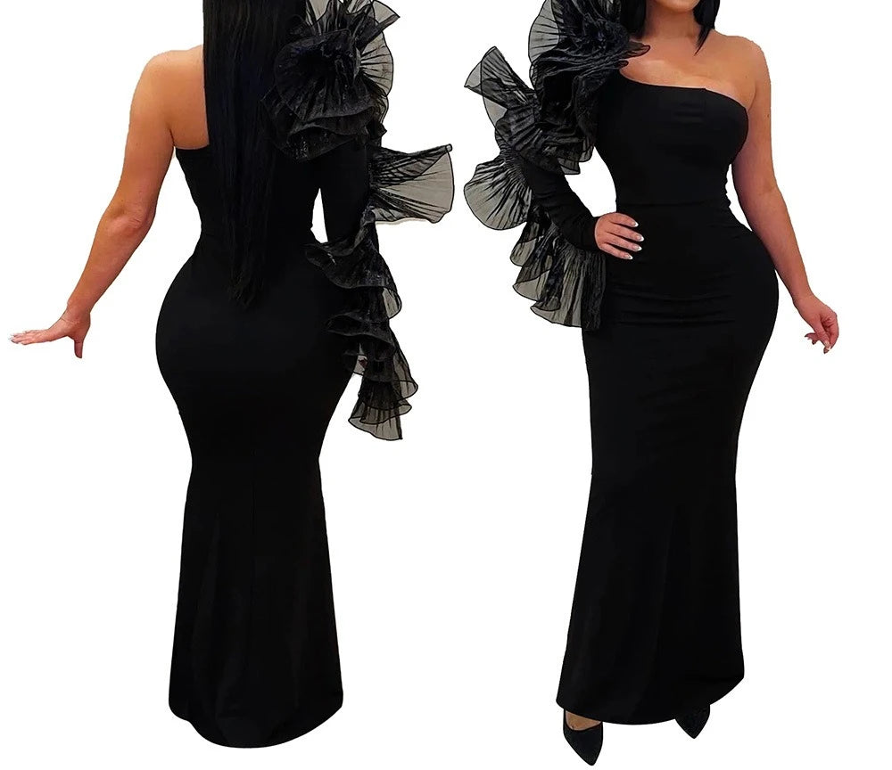 One Shoulder Long Dress Women Elegant Party Dresses Ruffles Sleeve Bodycon Evening Summer Dresses Female Birthday Dress HWY1896