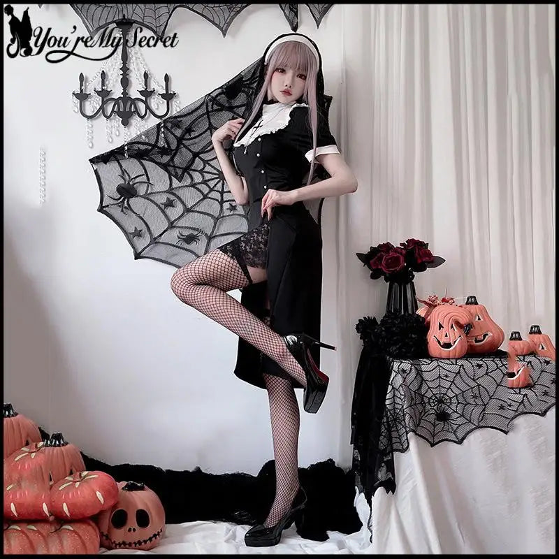 [You're My Secret] 2026 Halloween Cosplay Costumes Women's Vampire Costume Gothic Nun's Clothing Sexy Lace Slim Fit Black Dress