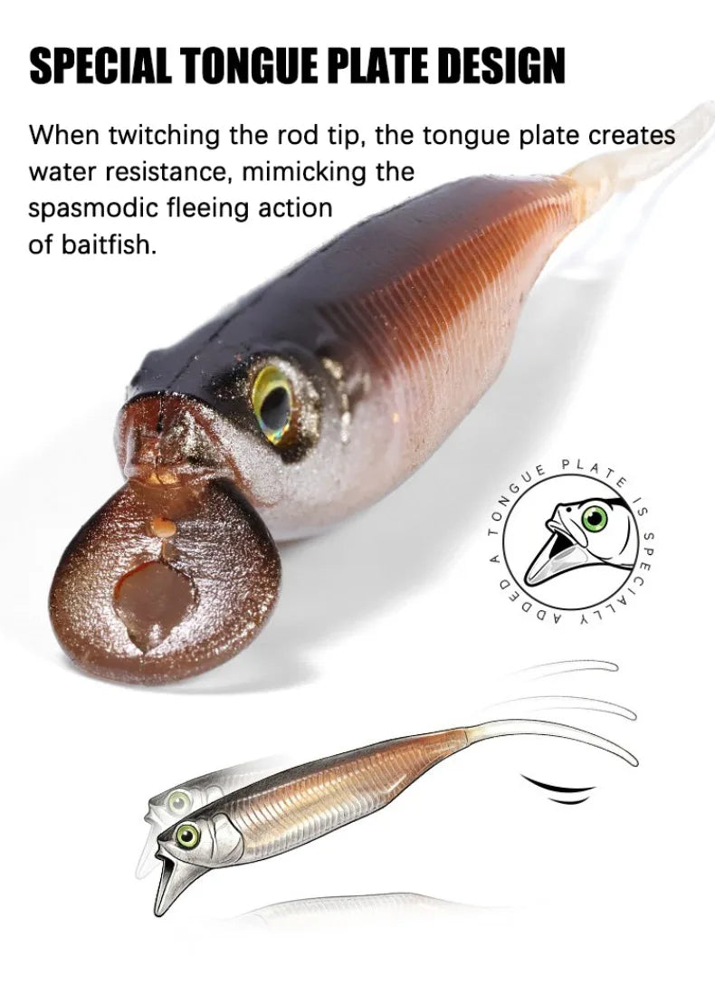 Rolling Fish Floating TPE Soft Lure 2.5" 3" Hollow Channel Design Wobbler Soft Bait Left‑Right Rolling Action Artificial Baitait