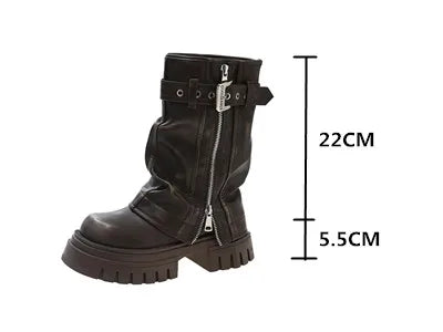 2025 Winter Designer Women Mid-calf Boots Western Short Boots Belt Buckle Soft Leather Boots Fashion Thick Bottom Platform Shoes