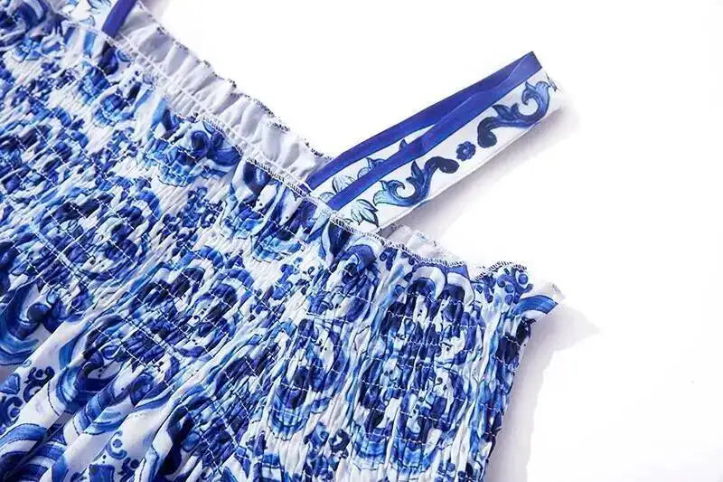 JAMERARY Summer Runway Blue White Porcelain Print Midi Dress Women's Straps Flare Sleeve Elastic Waist Cotton Floral Vestidos