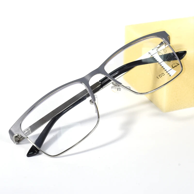 Double Color High Quality Multifocal Reading Glasses Men Women Stainless Steel Frame, Progressive Lens For Blue Light Blocking+1