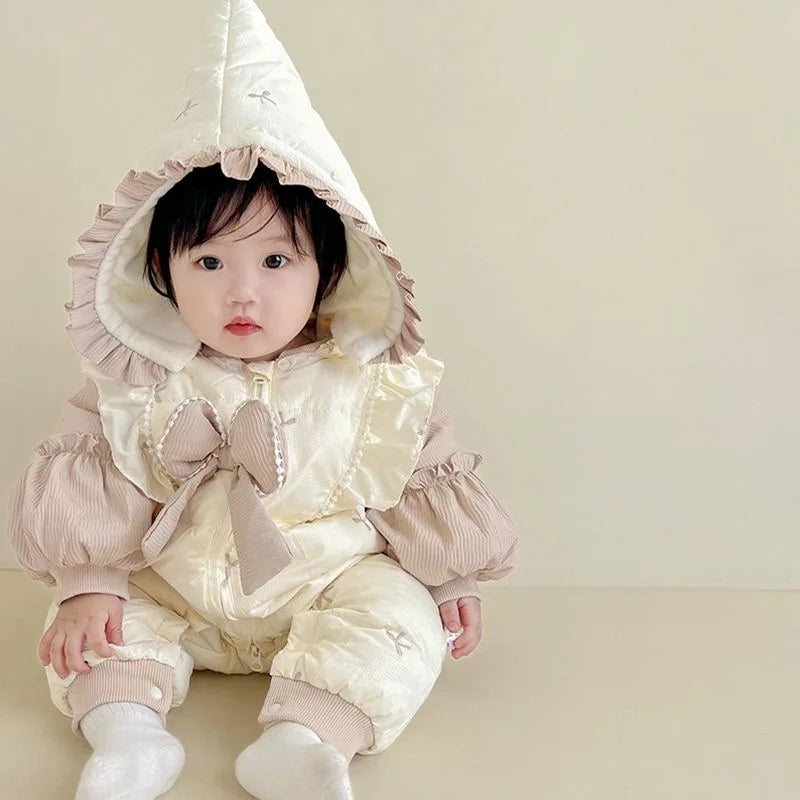 2025 New Baby Winter Rompers Thick Cotton Hooded Jumpsuit Cozy Infant Bowknots Ruffle Outerwear for Newborns (0-24 Months)