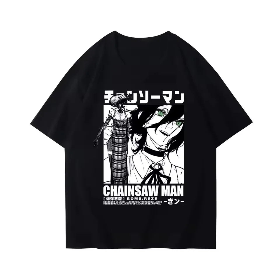 Cartoon Chainsaw Man Reze T Shirt Devil Reze Merchandise Short Sleeve Anime Japanese Style Black T-shirt Clothing