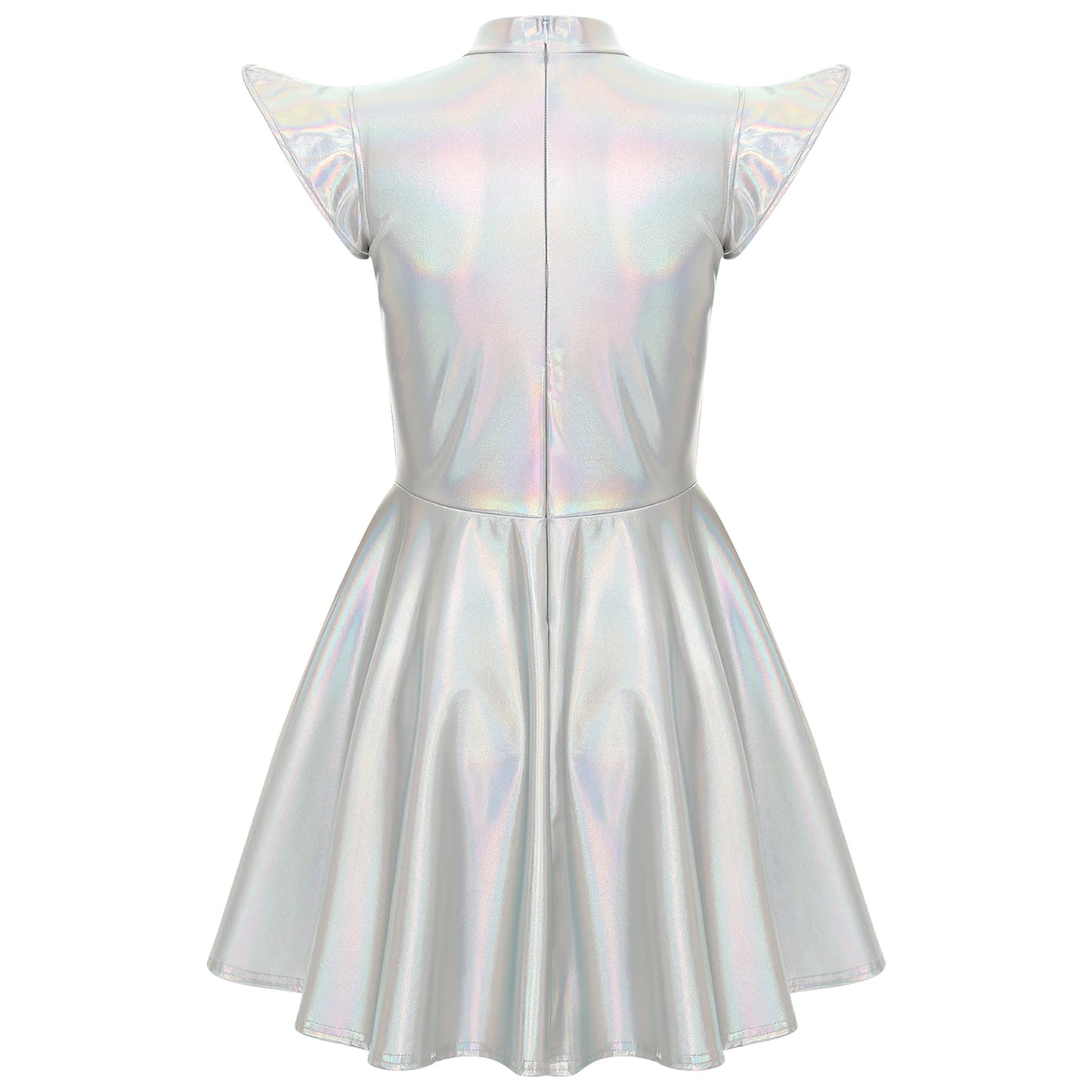 Womens High Waist A-line Dress Shiny Metallic Mock Neck Cap Sleeve Dress Modern Pole Dance Rave Party Bar Club Wear Street Wear