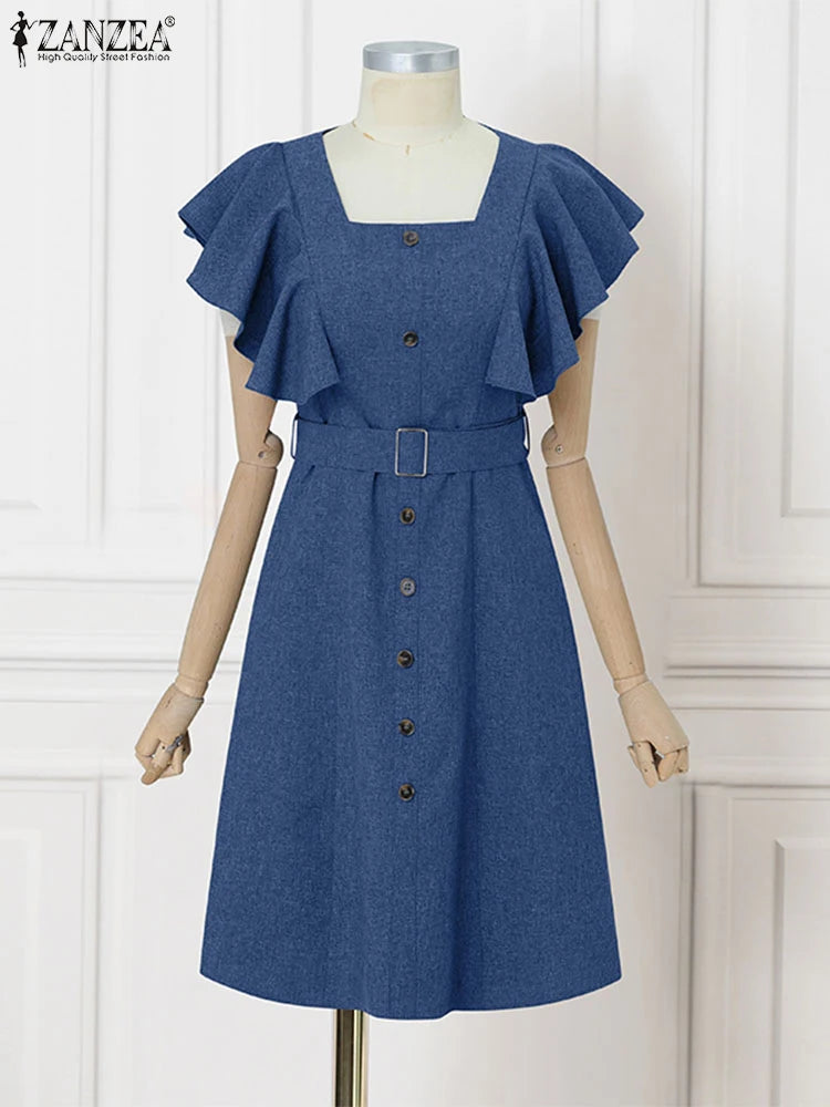 ZANZEA Elegant Women Office Lady Dress Summer Short Sleeve Ruffled Vestidos Casual Solid Color Square Collar Party Midi Sundress