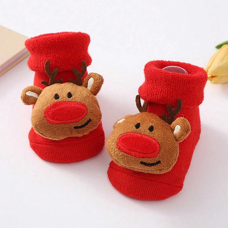 2 Pairs Kids Cotton Socks for Girls Boys Non-slip Toddler Baby Christmas Socks for Newborn Winter Warm New Year Infant Socks