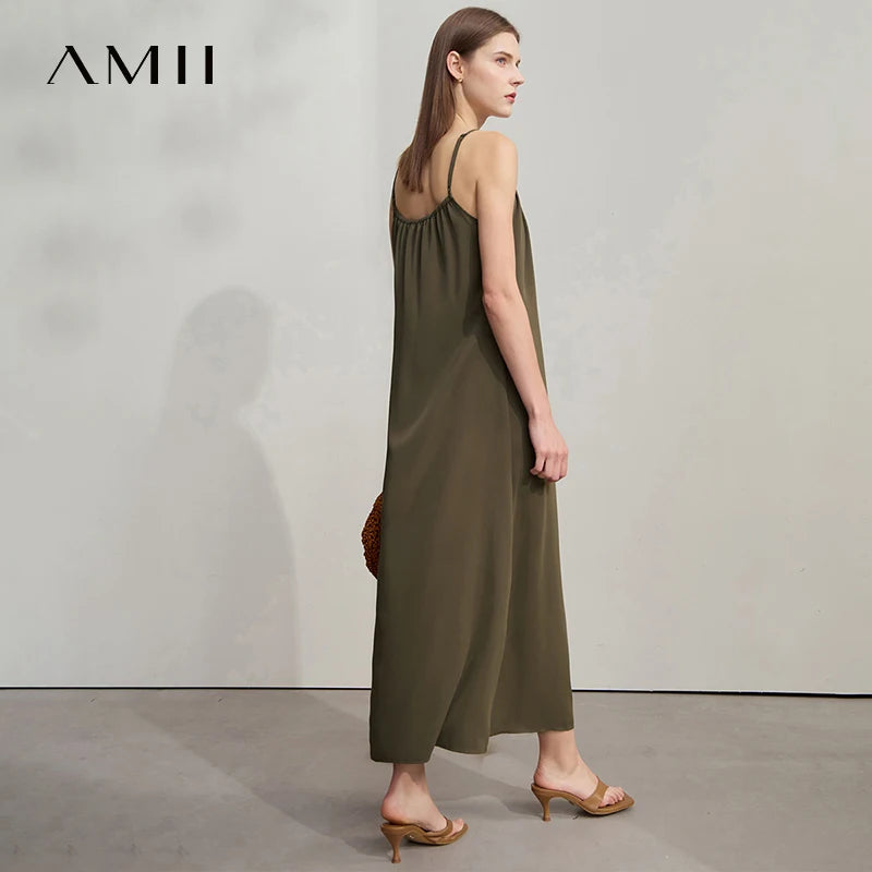 AMII Minimalist Office Lady Dress Women 2025 Summer Female Sleeveless U-neck Solid Adjustable Shoulder Strap Dresses 12542192