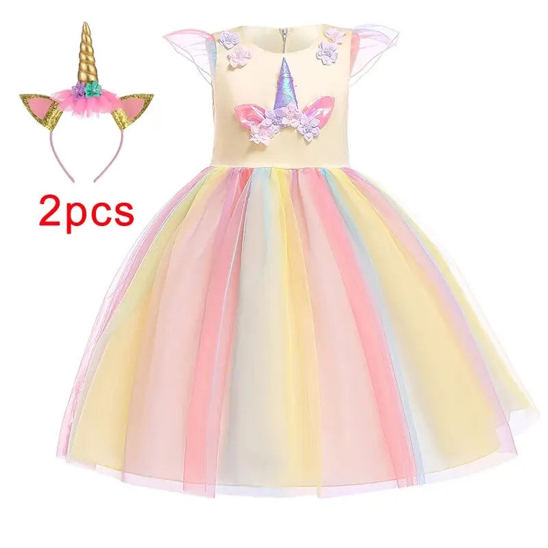 Girl Unicorn Halloween Fancy Princess Dress Teen Girls Rainbow Colorful Cosplay Costume Kids Birthday Party Dresses Tulle Wear
