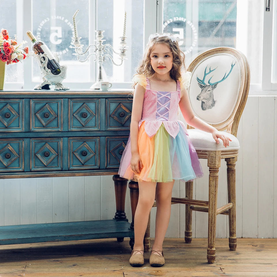 Cheap Top Quality Summer Fancy Baby Girl Fairy Rainbow Tutu Dress Halloween Cosplay Elf Princess Carnival Infant Party Ball Gown