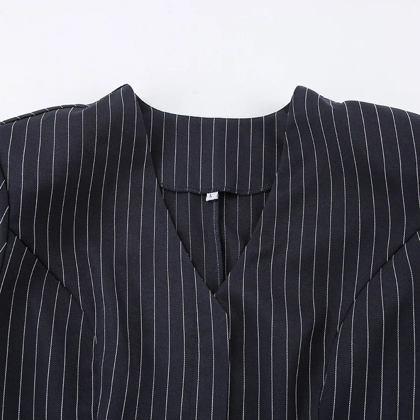 Women's Matching Sets 2026 Woman Navy Blue Striped V-neck Waist Small Suit Top Short A-shaped Skirt Women's Two-piece Set