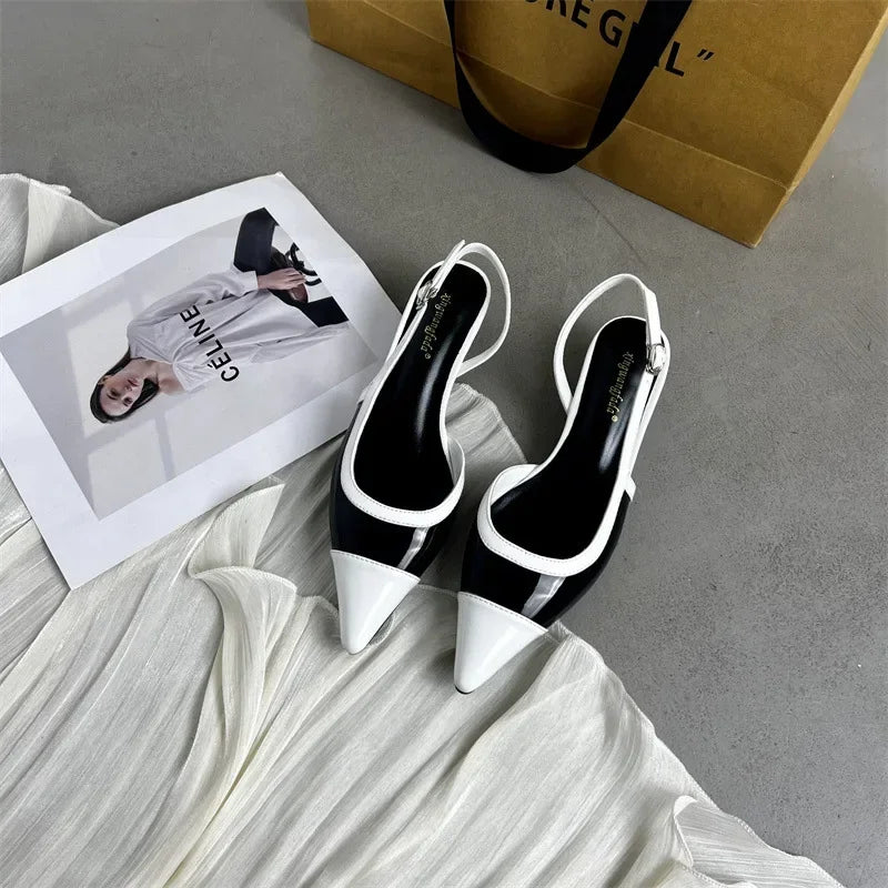 Designer Black White Mixed Color Low Heeled Sandals Women Sexy Pointed Toe Slingbacks Chunky High Heels for Women Elegant Heels