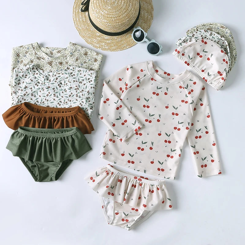 2026 Summer Kids Girls Swimwear Clothes Set Top+Bottom Shorts +Hat For Children's Bathing Swimming Suit Beach Teenage Outfits