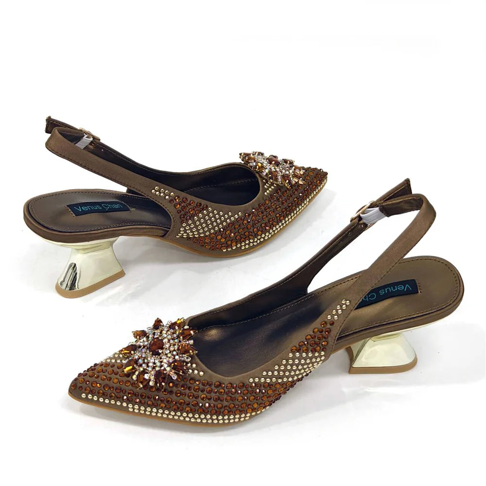 2024 New Designer Specials Italian Women Heels Shoes and Bag Set Royal Purple Color Comfortable With Rhinestone for Party