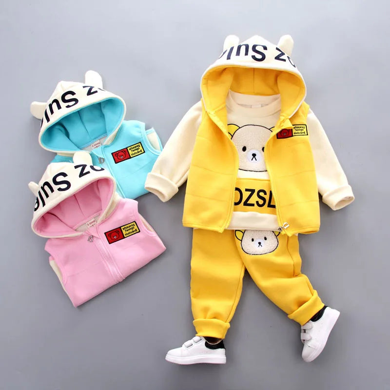 3Pcs Boys Fleece Sets Baby Girls Winter Autumn Thicken Clothes Suits Children Autumn Cartoon Hooded Jackets+Top+Pants Outfits