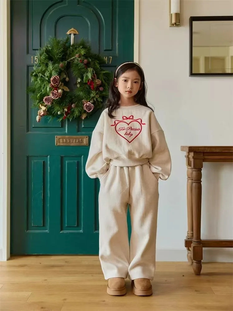 2025 Spring New Children Long Sleeve Clothes Set Baby Girls Heart Embroidery Sweatshirt + Pants 2pcs Suit Kids Sports Outfits