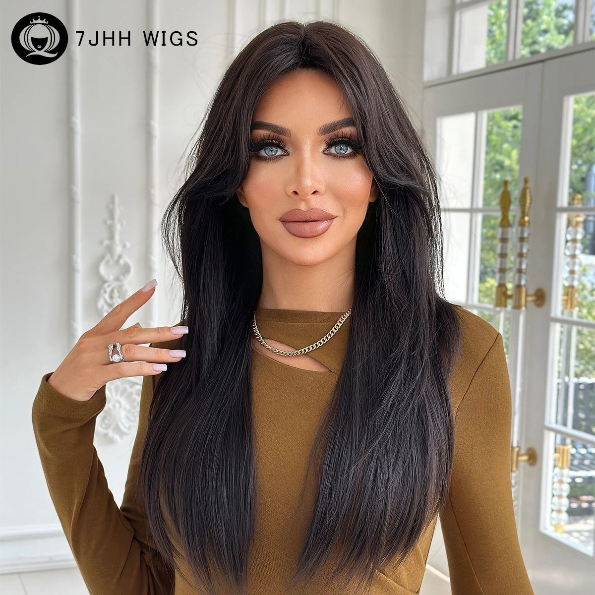 Long Straight Dark Brown Wig High Density Synthetic Middle Part Wigs with Curtain Bangs for Women Daily Party Use