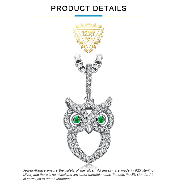 JewelryPalace Owl Simulated Nano Emerald 925 Sterling Silver Pendant Necklace for Woman Gemstone Fine Jewelry Without Chain