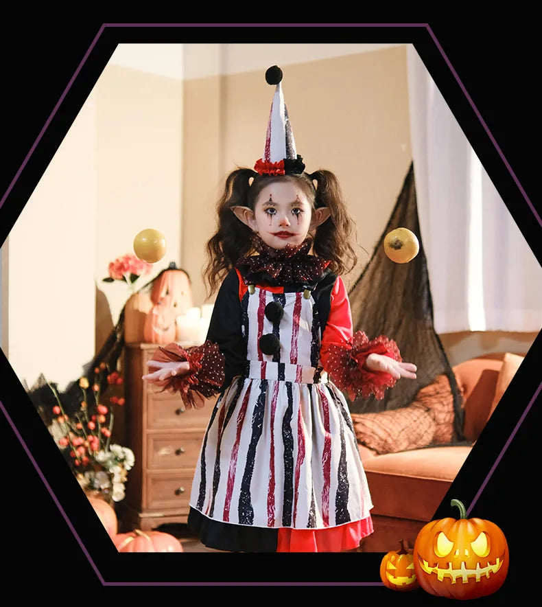Halloween Cosplay Costumes Horror Clown Dresses Pants Headwear Clothes Sets Carnival Theme Party Role Playing Outfits for Girls