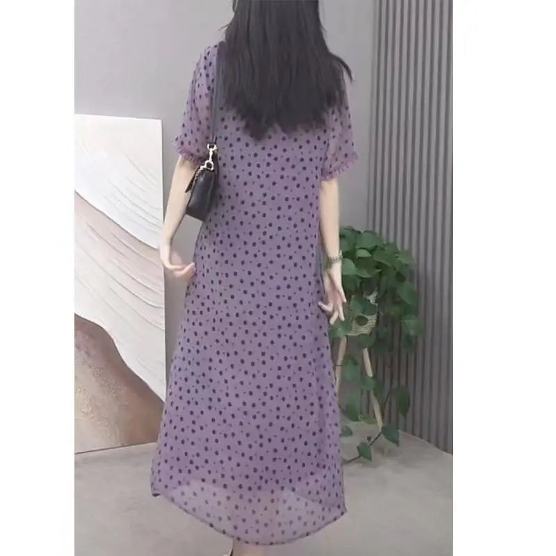 Elegant O-Neck Printed Polka Dot Chiffon Short Sleeve Dress Women's Clothing 2024 Summer New Loose Office Lady Midi Dress