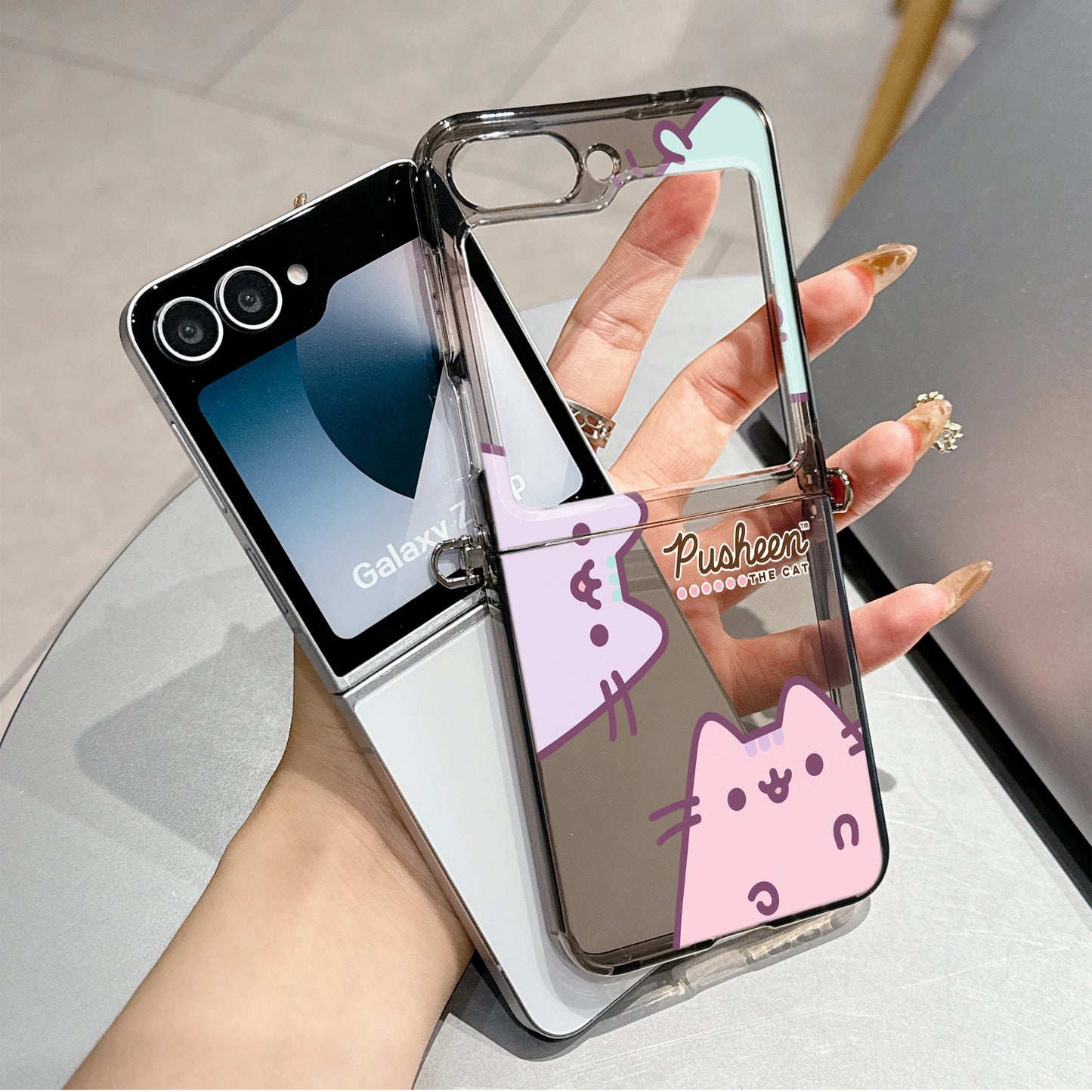 Cute Cartoon Funny Donuts P-Pusheens Cat Phone Case for Motorola Moto Razr 40 50 60 Ultra 5G Semi-transparent Foldable TPU Cover