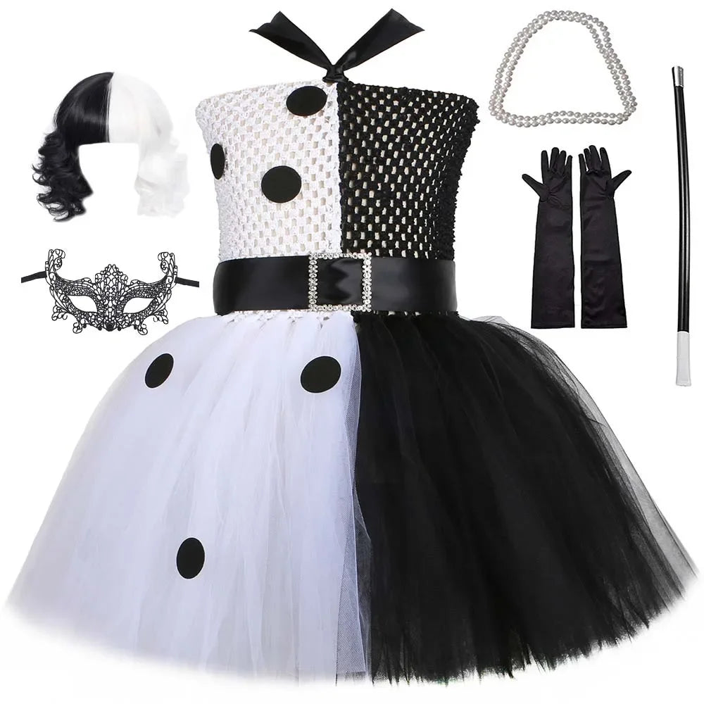 Halloween Crulla Cosplay Costume Cruella Tulle Dress Party Girls Black White Carnival Kids Cruella Wig Lace Mask Suit Clothes