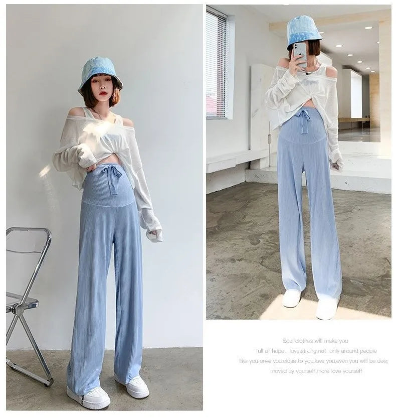 6 Colors Summer Fashion Loose Pants For Pregnant Women Breathable Wide Leg Straight Trousers Adjustable Maternity Clothing